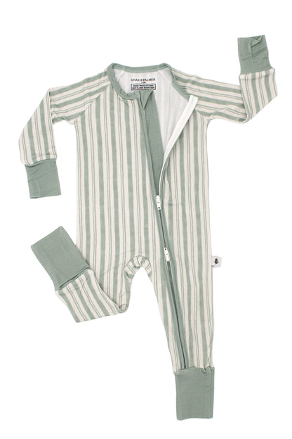 Shae & Palmer Studio Stripe Collection, bamboo toddler pajamas in Green Haze. Ultra-soft, breathable zipper romper pajama set for baby, perfect for cozy sleep and all-day play.