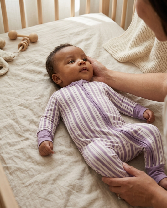 Studio Stripe Purple Haze bamboo baby romper by Shae & Palmer with painterly lavender stripe print, ultra-soft breathable fabric, double zipper design