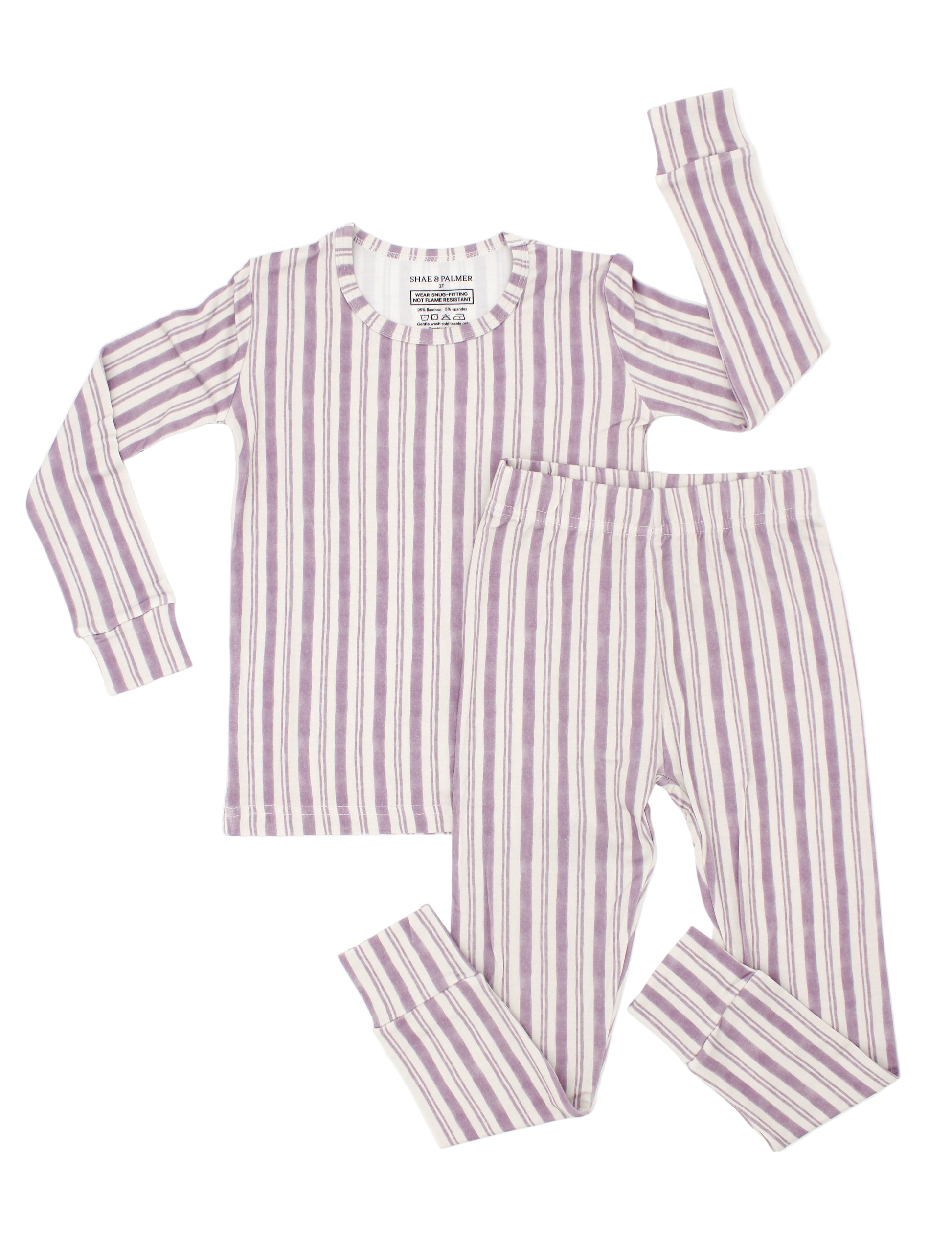 Shae & Palmer Studio Stripe Collection, bamboo toddler pajamas in Purple Haze. Ultra-soft, breathable two-piece pajama set for baby and toddler, perfect for cozy sleep and all-day play.