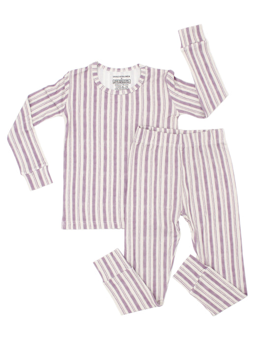 Shae & Palmer Studio Stripe Collection, bamboo toddler pajamas in Purple Haze. Ultra-soft, breathable two-piece pajama set for baby and toddler, perfect for cozy sleep and all-day play.