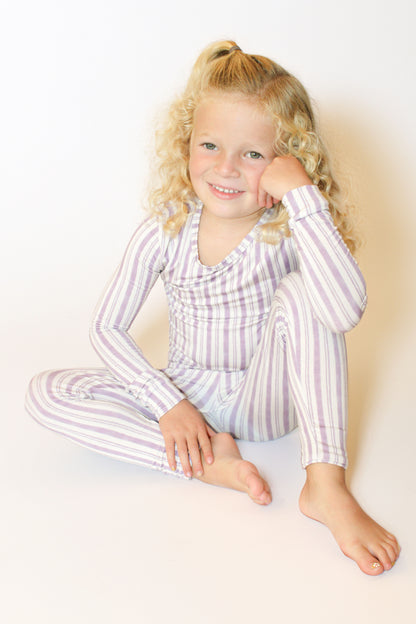 Shae & Palmer Studio Stripe Collection, bamboo toddler pajamas in Purple Haze. Ultra-soft, breathable two-piece pajama set for baby and toddler, perfect for cozy sleep and all-day play.
