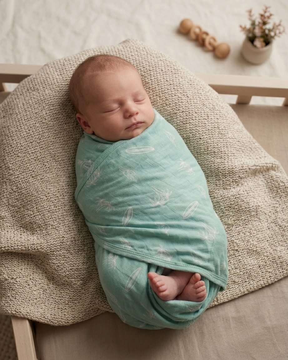 Surfside Dreams blue bamboo baby blanket with a modern coastal print for newborns and infants