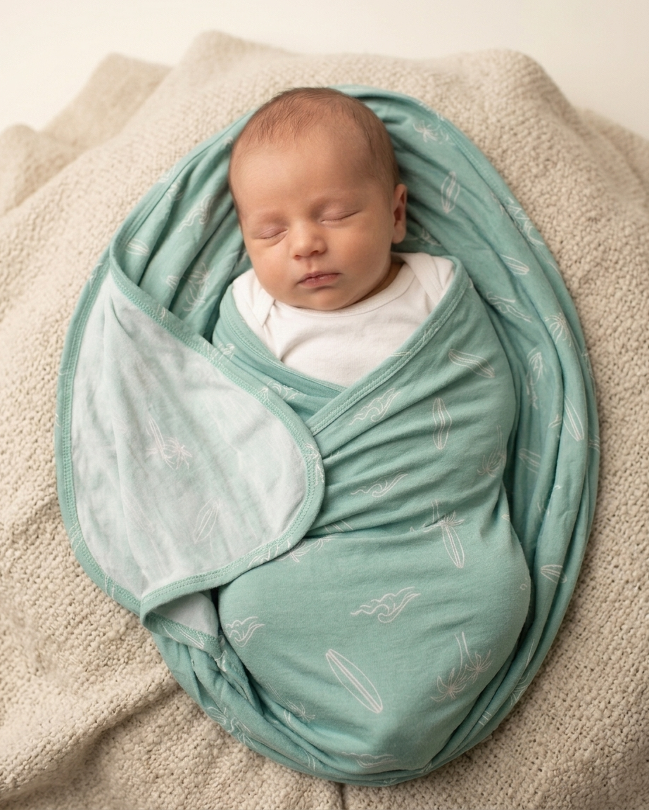 Surfside Dreams bamboo baby swaddle blanket featuring a playful coastal surf-inspired print