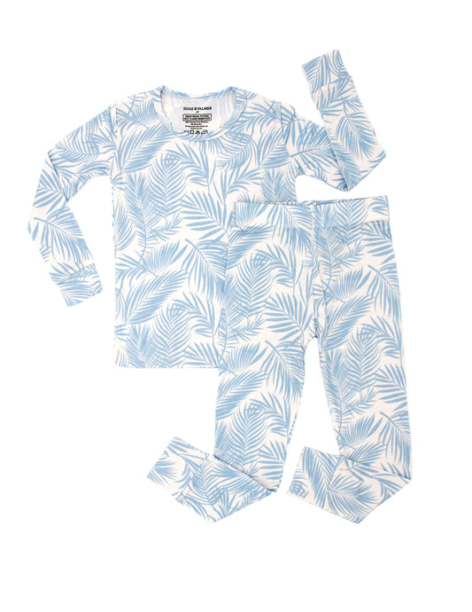 Soft stretchy waistband detail of Cali Coastal Baby Blue toddler bamboo pajamas by Shae & Palmer, comfortable pull-on fit