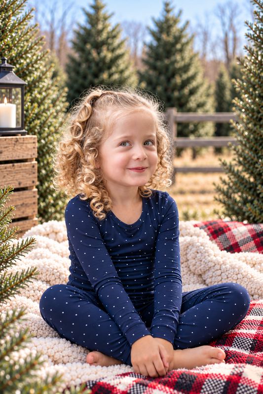 Toddler girl wearing Midnight Dot navy bamboo pajamas with a delicate white polka dot print, cozy Hanukkah and Christmas holiday sleepwear for toddlers