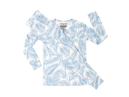 toddler wearing Cali Coastal Baby Blue bamboo pajamas by Shae & Palmer, soft breathable temperature-regulating fabric with palm print
