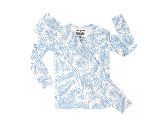 toddler wearing Cali Coastal Baby Blue bamboo pajamas by Shae & Palmer, soft breathable temperature-regulating fabric with palm print
