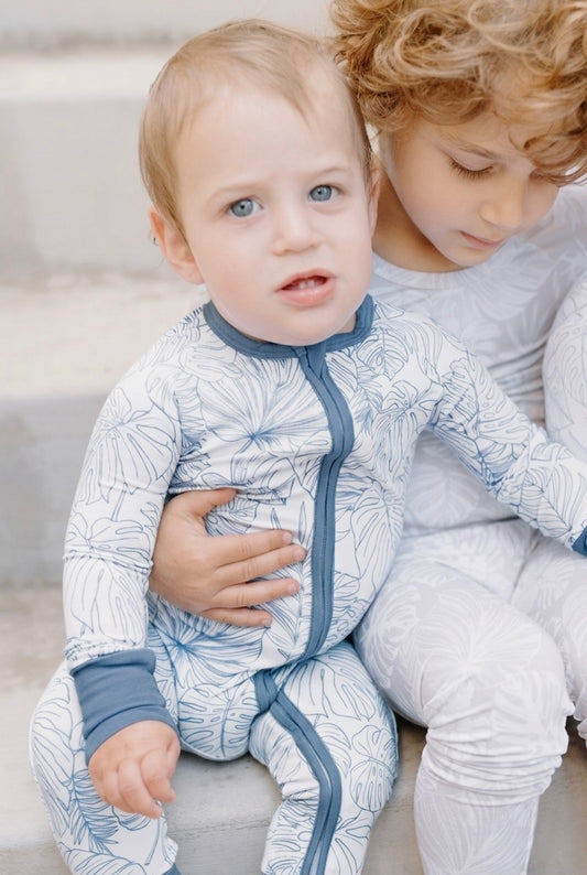 Tropical Bliss bamboo baby romper by Shae & Palmer with tropical palm leaf print, ultra-soft breathable fabric, double zipper design