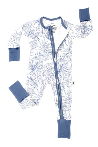 Shae & Palmer Tropical Bliss Collection - bamboo baby zip romper in Ocean Blue tropical floral print. Ultra-soft, breathable sleepwear with double zipper for easy diaper changes, perfect for summer-ready baby boys or girls