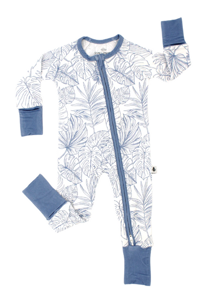 Shae & Palmer Tropical Bliss Collection - bamboo baby zip romper in Ocean Blue tropical floral print. Ultra-soft, breathable sleepwear with double zipper for easy diaper changes, perfect for summer-ready baby boys or girls.