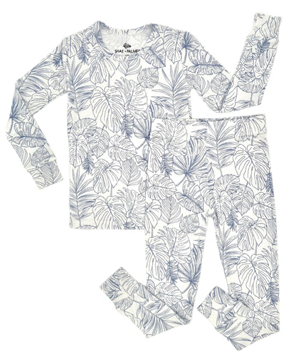 Shae & Palmer Tropical Bliss Collection, bamboo toddler pajamas in coastal Ocean Blue tropical floral print. Lightweight, ultra-soft two-piece sleepwear set for baby and toddler girls, perfect for summer lounging, sleep, and play.