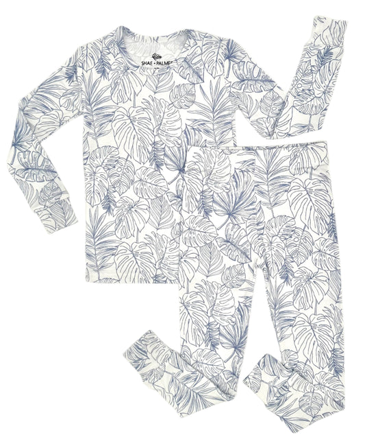 Shae & Palmer Tropical Bliss Collection, bamboo toddler pajamas in coastal Ocean Blue tropical floral print. Lightweight, ultra-soft two-piece sleepwear set for baby and toddler girls, perfect for summer lounging, sleep, and play.
