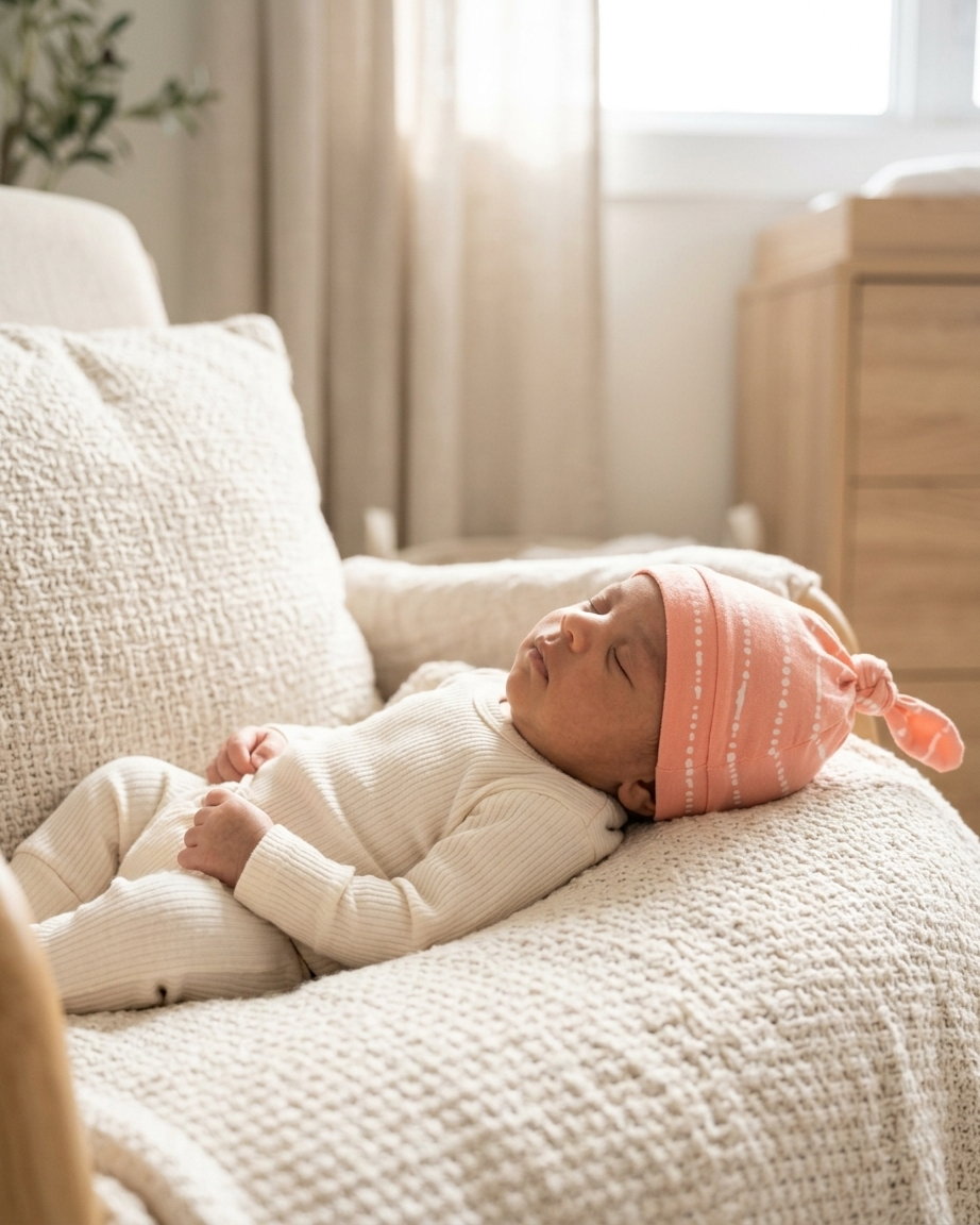 Watermelon Blush bamboo baby hat paired with matching baby pajamas