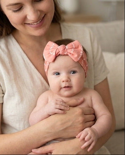 Baby wearing the Watermelon Blush bamboo baby headband by Shae & Palmer