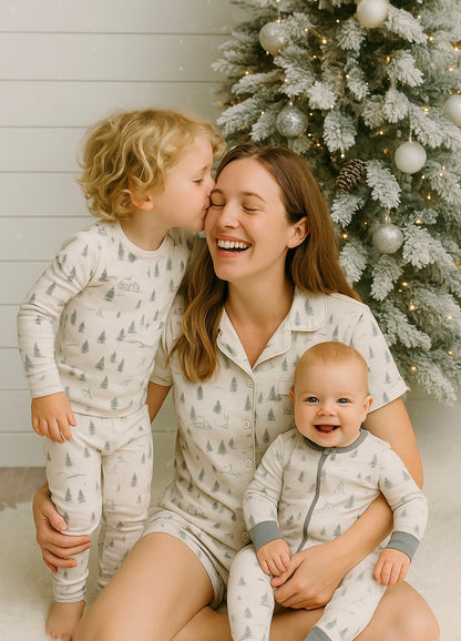 Winterdream Snow White women’s bamboo pajama set by Shae & Palmer with short sleeve button-up top and shorts, ultra-soft breathable fabric