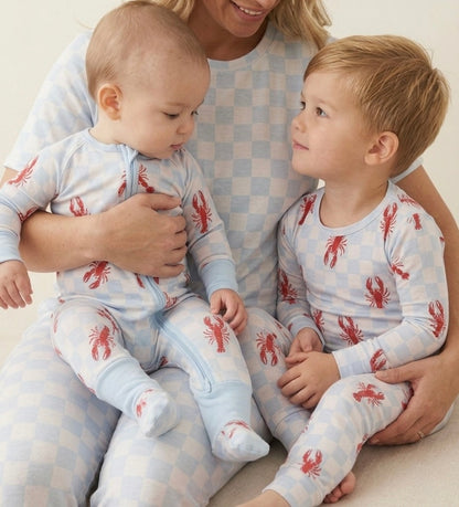 Full look of women’s blue checkered bamboo pajama set with relaxed fit top and pants for sleep and lounge