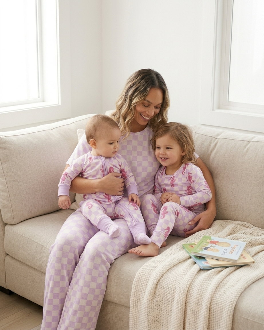 Women’s lavender checkered bamboo pajamas styled for lounging with relaxed fit top and comfortable pants
