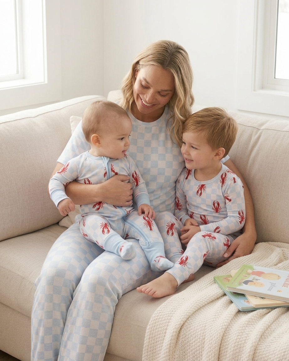 Women’s blue checkered bamboo pajamas styled for lounging with loose cropped top and comfortable pants