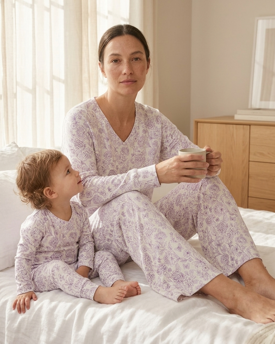 Women’s Botanical Lavender bamboo pajama set with long sleeve V-neck top