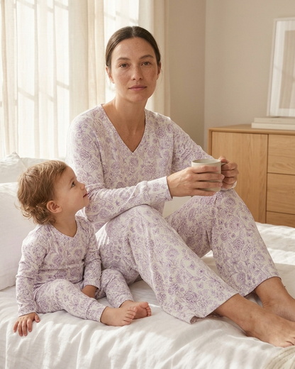 Women’s Botanical Lavender bamboo pajama set with long sleeve V-neck top