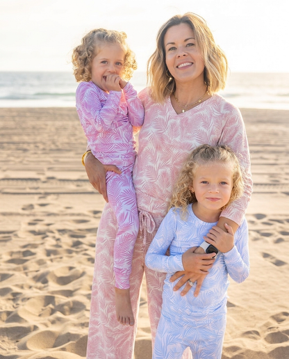 Women’s Cali Coastal pink bamboo pajama set with long sleeve V-neck top