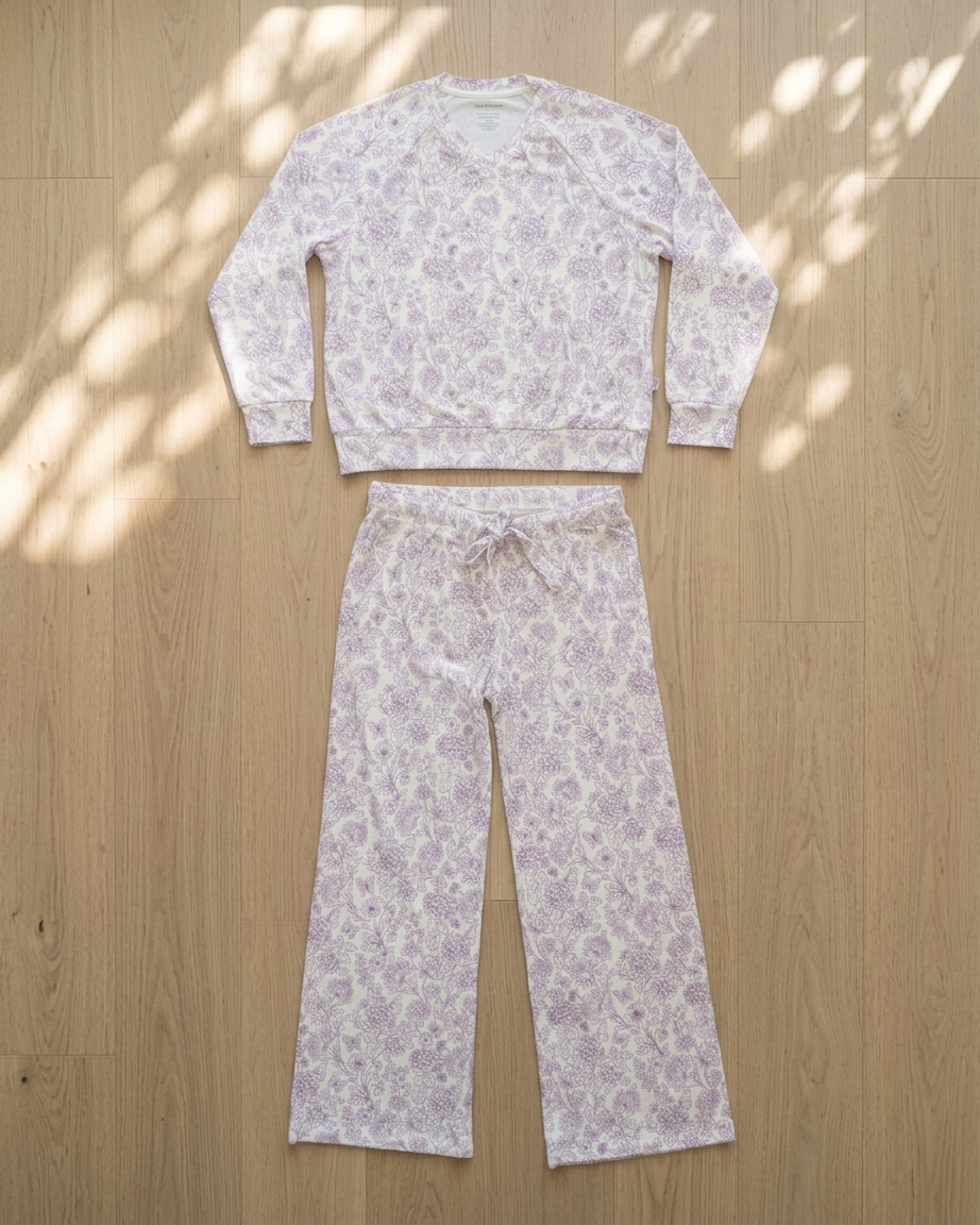 Women’s lavender botanical pajama set with matching pants