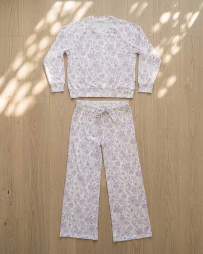 Women’s lavender botanical pajama set with matching pants