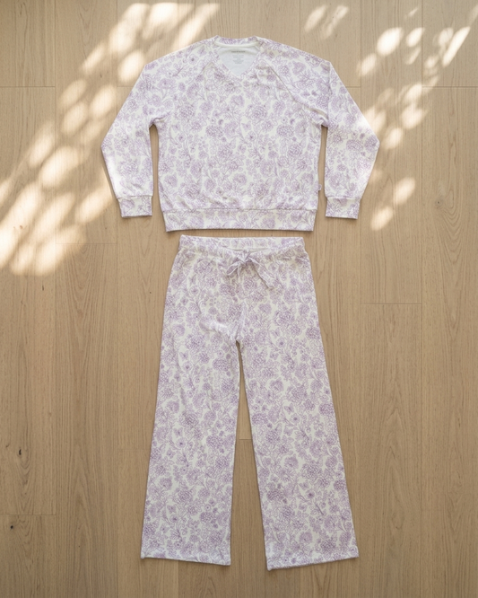 Women’s lavender botanical pajama set with matching pants
