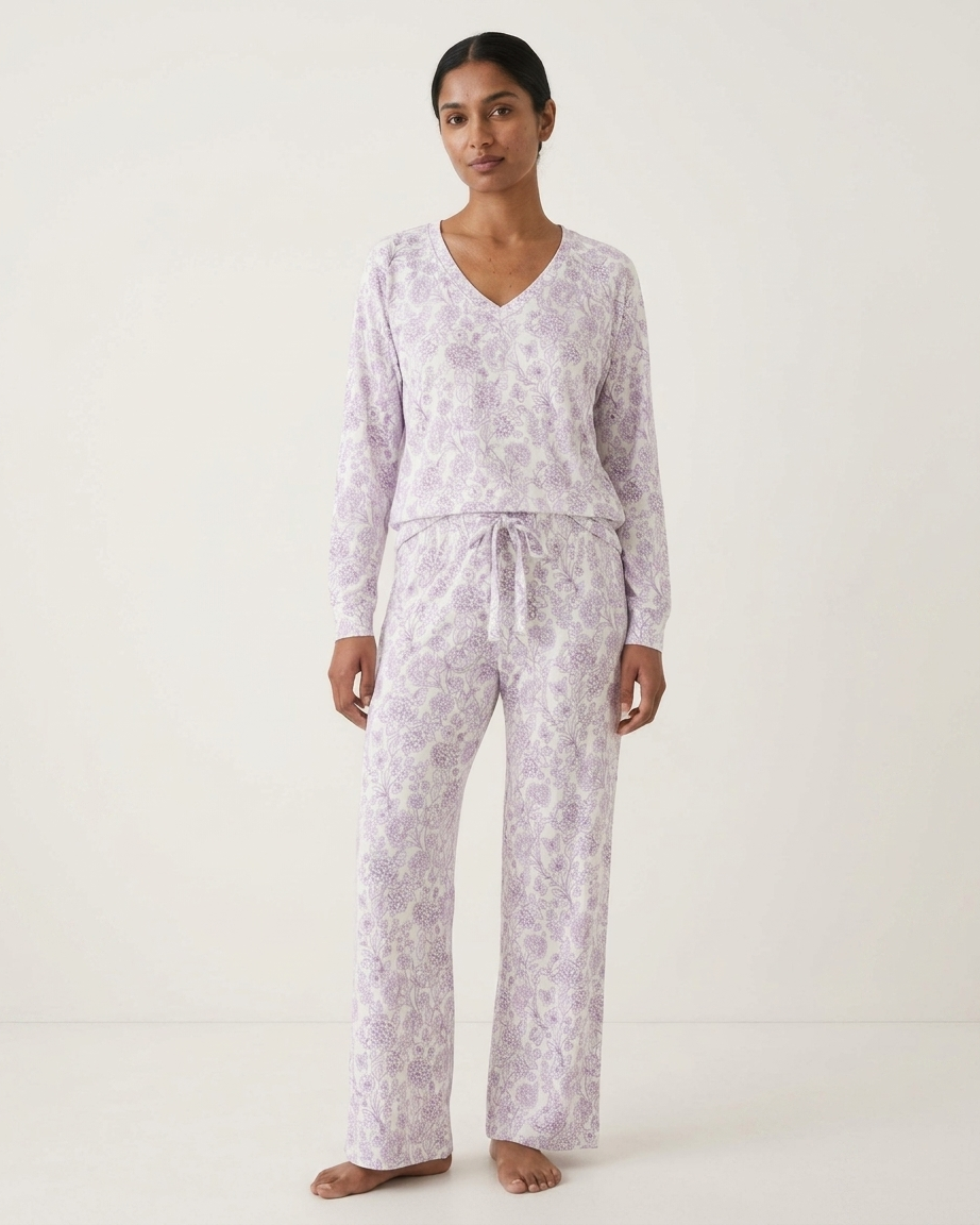Women’s long sleeve lavender pajamas in a delicate botanical print
