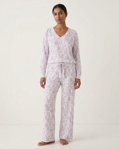 Women’s long sleeve lavender pajamas in a delicate botanical print