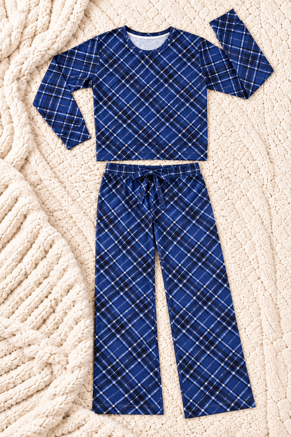 Women’s Midnight Plaid bamboo pajama set in navy blue plaid, matching family pajamas for Hanukkah and Christmas by Shae & Palmer.