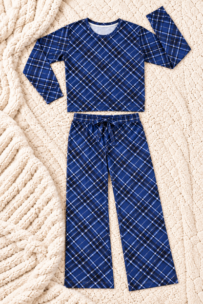 Women’s Midnight Plaid bamboo pajama set in navy blue plaid, matching family pajamas for Hanukkah and Christmas by Shae & Palmer.