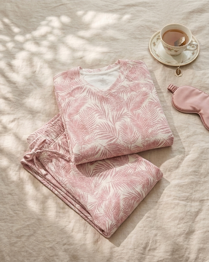 Women’s pink coastal bamboo pajamas with relaxed long sleeve top and matching pants
