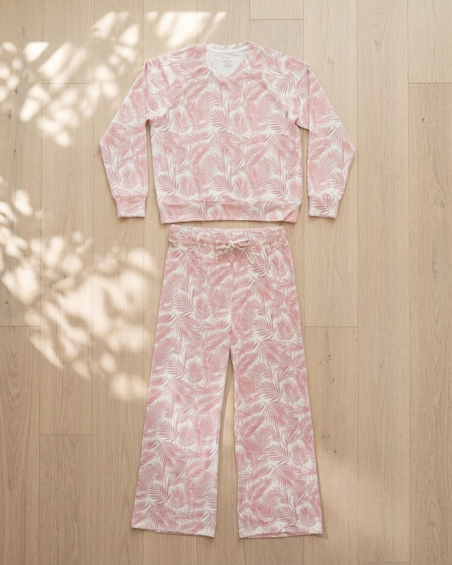 Women’s pink palm print pajama set in soft bamboo fabric