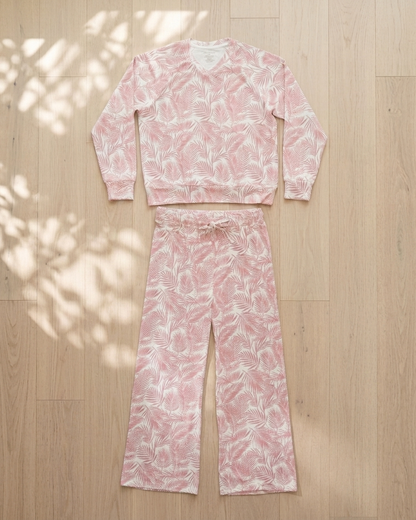 Women’s pink palm print pajama set in soft bamboo fabric