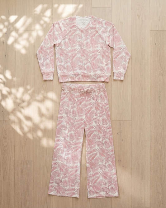 Women’s pink palm print pajama set in soft bamboo fabric